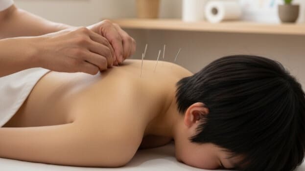 起立性調節障害の体調管理として、背中の自律神経を整える鍼治療を受けている様子。