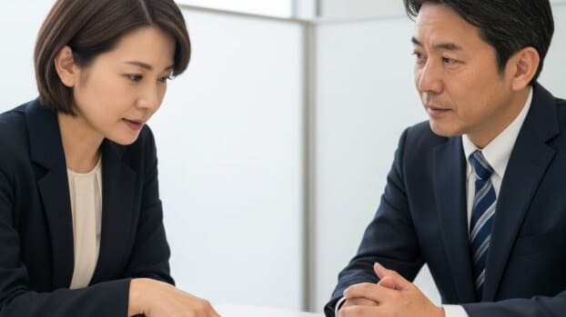 個別相談会で、学校のサポート体制について具体的に質問する母親。