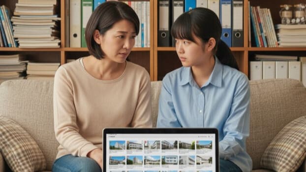 起立性調節障害の高校選びで、多くの情報に圧倒されている親子。