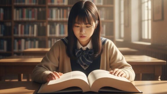 起立性調節障害について、本で熱心に学ぶ女子生徒。