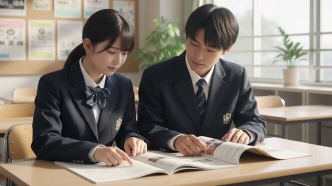 起立性調節障害のサポートについて、学校の資料を一緒に確認する友達同士。