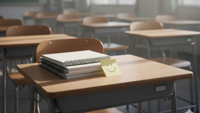 学校を休んだ起立性調節障害の友達のために、机の上に置かれたノートと差し入れ。