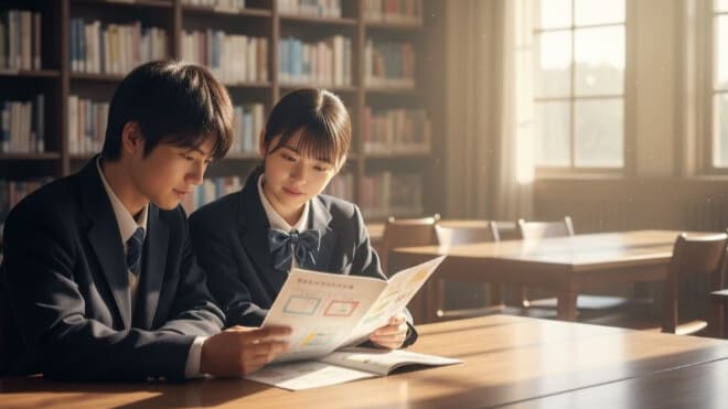 起立性調節障害のサポートについて、学校の資料を一緒に確認する友達同士。