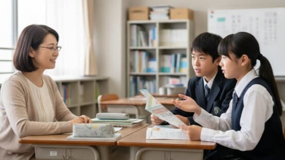 起立性調節障害について、友達と一緒に先生に説明する生徒たち。