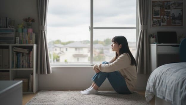 起立性調節障害に悩む見ながら、、大学生活への期待と、通いきれるかという不安で物思いにふける高校生。