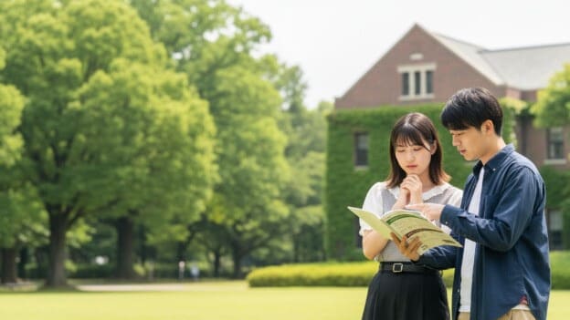 大学の卒業単位について、履修要覧を見ながら相談する起立性調節障害に悩む大学生たち。
