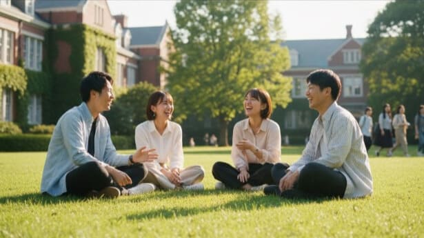 起立性調節障害に悩みながらも、大学のキャンパスで、新しい仲間と楽しそうに過ごす大学生たち。