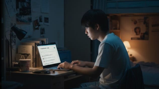 夜、パソコンで起立性調節障害の悩みを検索し、情報を探す大学生。