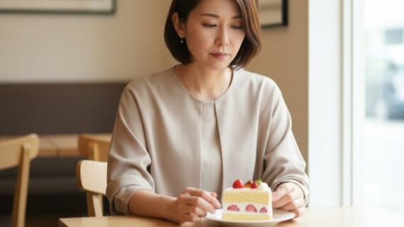カフェでケーキを前に、逆流性食道炎の食事制限で悩む女性。