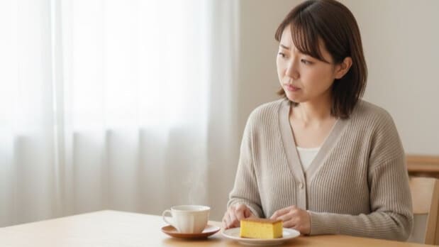 カステラを前に、食べても良いか悩んでいる逆流性食道炎の女性。