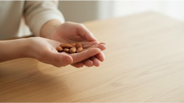 逆流性食道炎のおやつとして、適量の素焼きアーモンドを手に乗せている画像