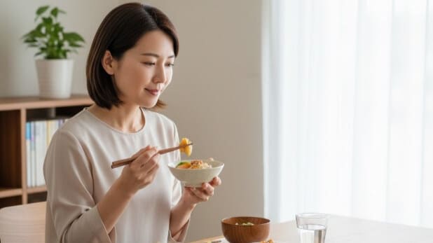逆流性食道炎を克服する手段として、自律神経を整えるために、バランスの良い食事をゆっくりと味わう女性。