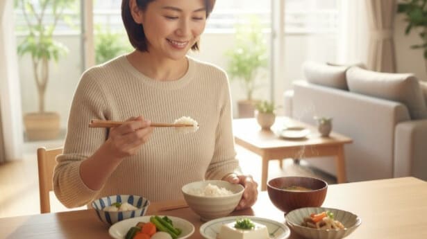 薬の効果を高めるため、消化に良い食事をゆっくりと味わう女性。