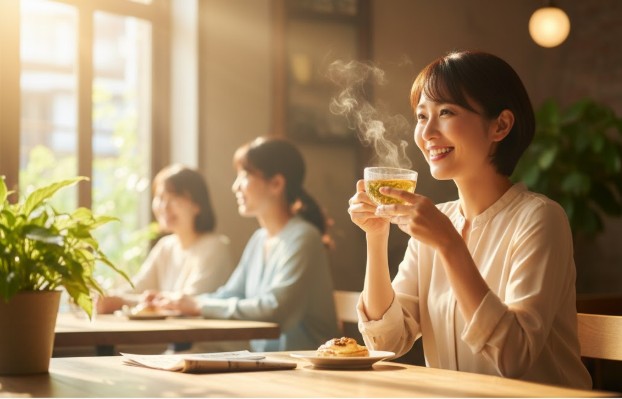 逆流性食道炎を克服し、カフェで食事を心から楽しんでいる女性。