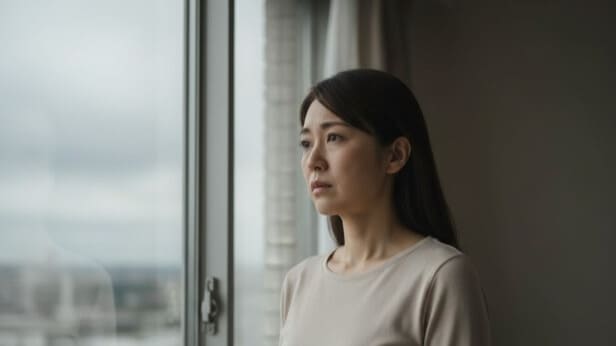逆流性食道炎が治らないのではないかと不安を抱き、沈んだ表情で窓の外を眺める女性。