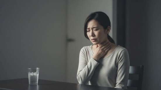 逆流性食道炎による喉の痛みや違和感に苦しむ女性が喉を押さえている。