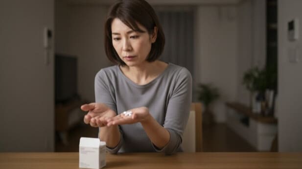 逆流性食道炎の症状に対して、最強の胃薬とされるタケキャブを飲んでも効果がなく、悩む女性の手元。