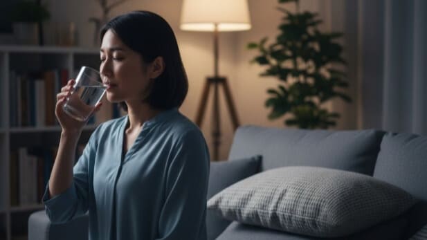 薬がない緊急時に、水を飲んで症状を和らげようとしている女性。