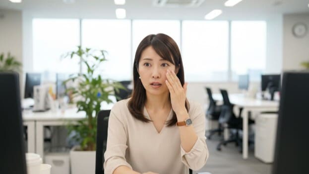 パソコン作業中に、顔面部や口元、目の下のわずかな痙攣に気づく女性。