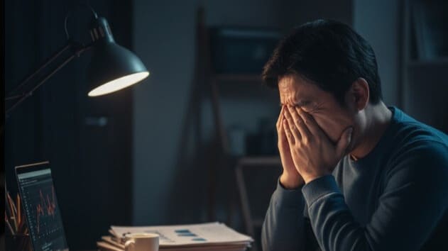 ストレスと疲労で、顔の痙攣が悪化している男性。