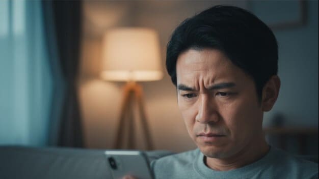 スマートフォンの見過ぎによる眼精疲労で、おでこが痙攣する男性。