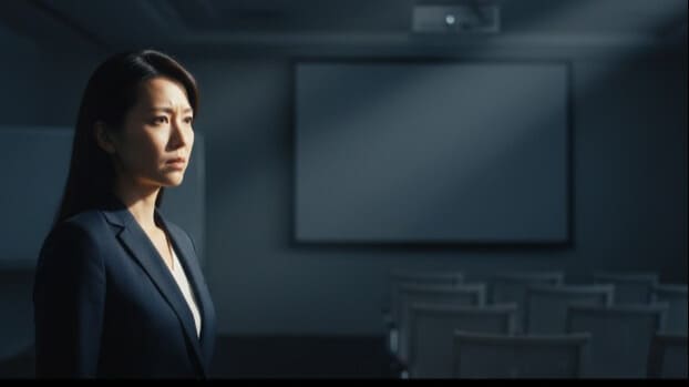 緊張する場面で、ストレスによりおでこが痙攣する日本人女性。