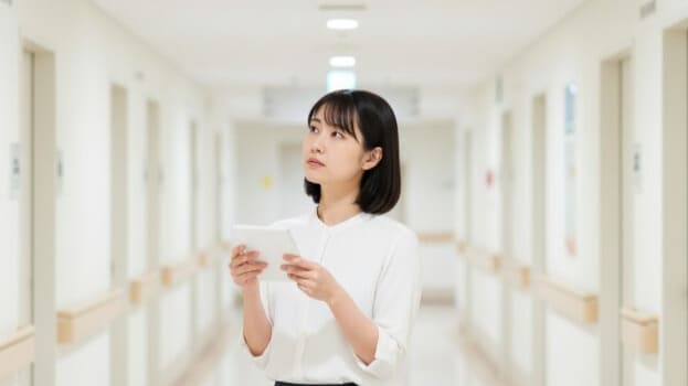 どの診療科を受診すべきか、病院の案内板の前で迷う女性。