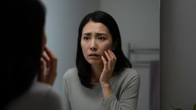 鏡を見つめ、自然に治らない顔の痙攣に悩む女性。