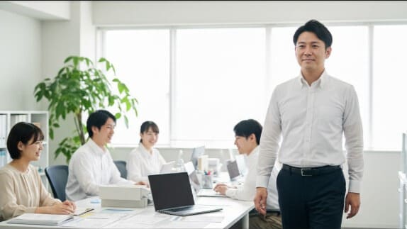 逆流性食道炎の休職から回復し、晴れやかな表情で職場に復職する男性。