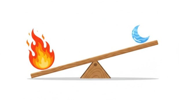 自律神経のバランスを示すシーソーの図解。ストレスにより交感神経（炎）が優位になり、副交感神経（水滴）が劣位になってバランスが崩れている様子。