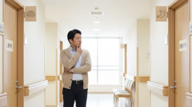 消化器内科と心療内科、どちらを受診すべきか迷っている患者の様子。