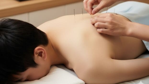 逆流性食道炎の根本原因である自律神経を整えるため、背中に鍼治療を受けている様子。