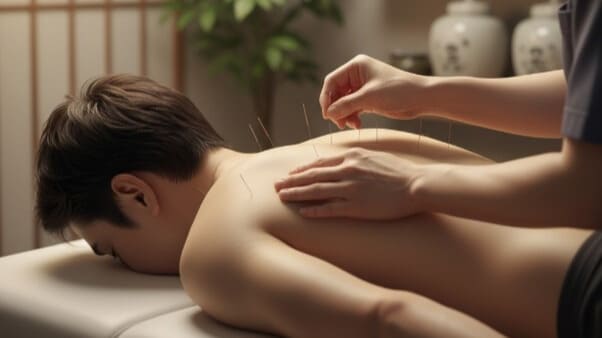 逆流性食道炎の根本原因である自律神経の乱れを整えるため、背中に鍼施術を受けている様子。