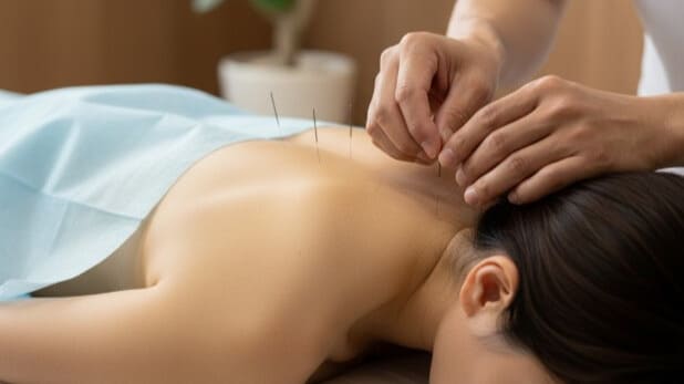 逆流性食道炎の根本原因である自律神経を整えるため、背中に鍼治療を受けている様子。