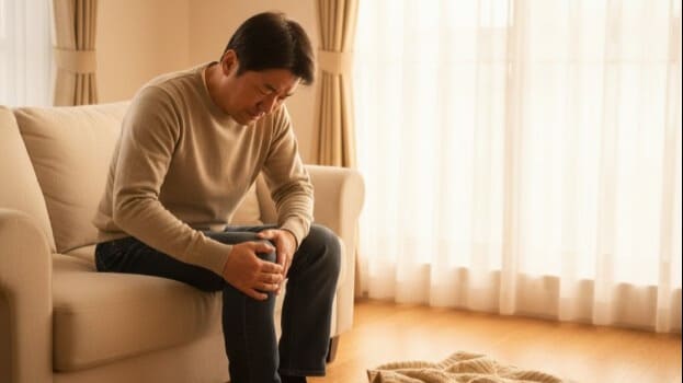 寒い日に古傷である膝の痛みに苦しむ中高年の男性。