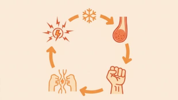 冷えが血行不良、筋肉硬直、神経圧迫を経て痛みを生み出す悪循環のメカニズムを図解。
