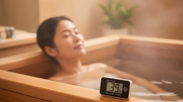 38度から40度のぬるめのお風呂で、リラックスして入浴する様子。湯船の温度計は39度を示している。