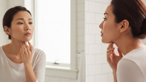 鏡で顎のラインを気にするストレートネックと二重あごに悩む女性の写真