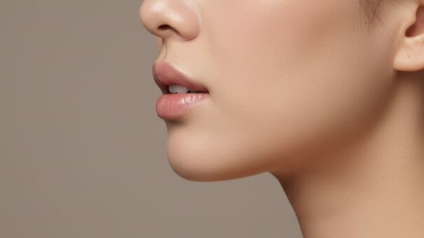 ストレートネックの特徴の一つである、口が軽く開いた状態の女性の横顔クローズアップ