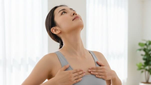 ストレートネックのセルフケアで、鎖骨下に手を当てて首を後ろに伸ばすストレッチをする女性