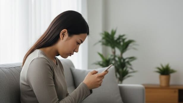 ソファでスマートフォンを見る前傾姿勢のストレートネックの女性