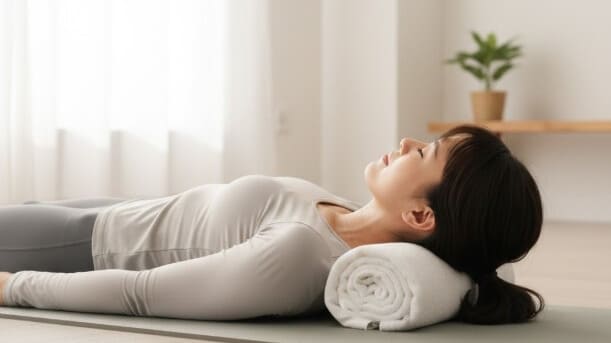 ストレートネックの矯正に、丸めたバスタオルを首の下に置いて仰向けに寝る女性