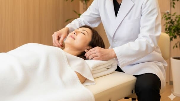 清潔な鍼灸院で首肩への鍼治療を受けリラックスする女性患者