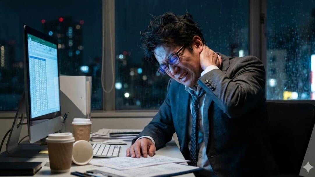 大阪市で頚椎症による首の痛みと手の痺れに悩むデスクワーク中の男性