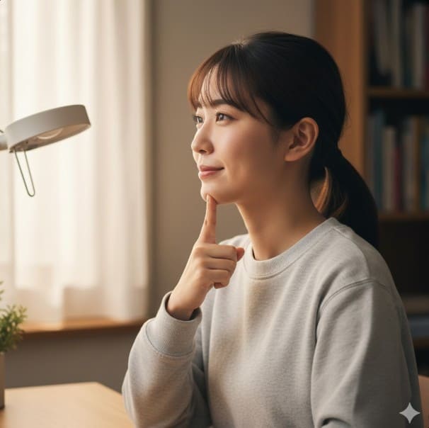 勉強中のストレートネック対策として、座位で行う「チンイン（あご引き）エクササイズ」の実演。