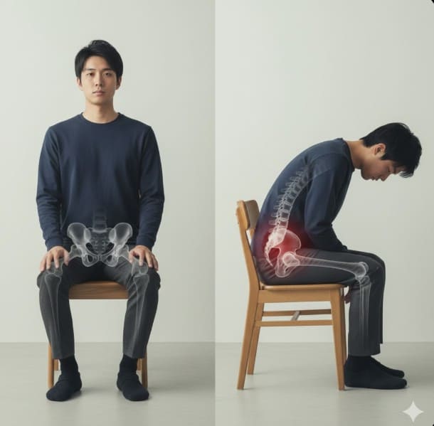 骨盤が倒れて頭が前に出る「ずっこけ座り」と、坐骨が立って背骨が整う「正しい座り方」を比較した図解。