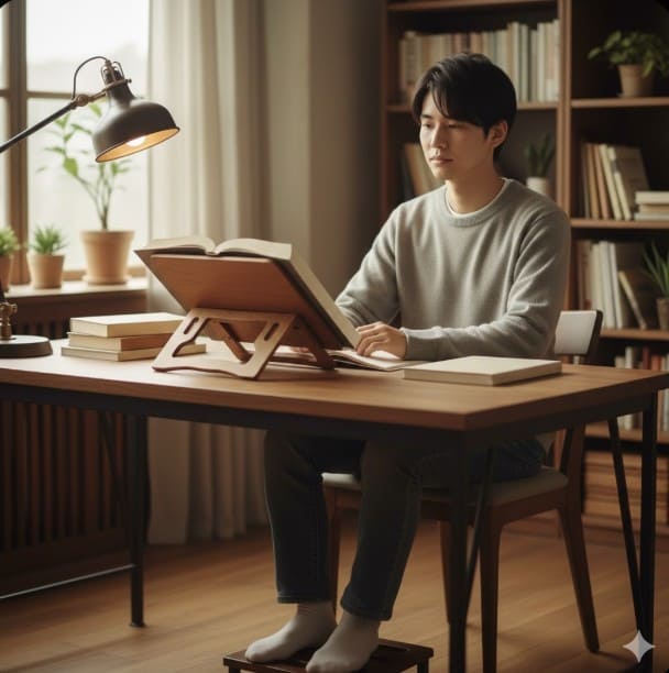 学習用傾斜台と書見台を使用し、適切な差尺で座っている学生の正しい机と椅子の高さ調整。