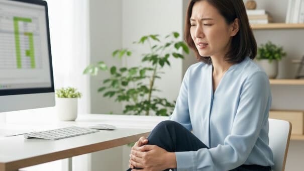 ふくらはぎの痛みに悩むデスクワーク中の日本人女性