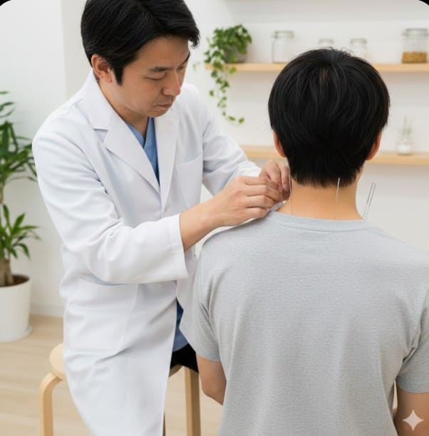 浜崎鍼灸整骨院の院長が、ストレートネックの深層筋肉に鍼治療を行っている様子。