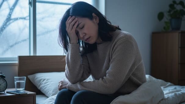 冬の朝、頭痛などの不調でベッドの端で頭を押さえ起き上がれない日本人女性